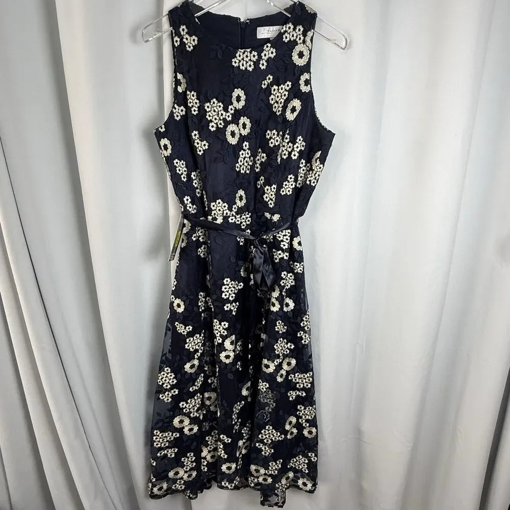 Tahari ASL Embroidered Midi Fit & Flare Dress Navy & Tan Lace Overlay Sz 10 New - Picture 2 of 9